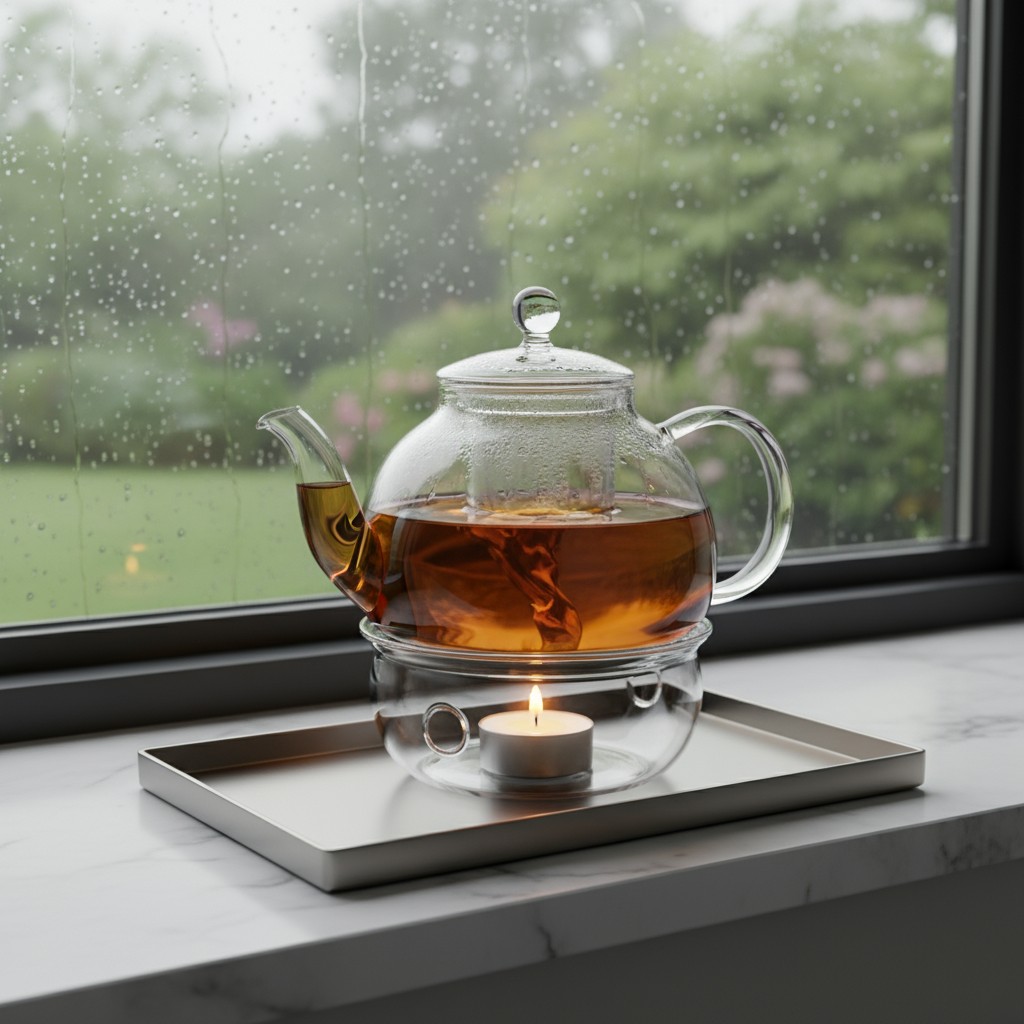 **Alt Text:** A glass teapot filled with amber liquid sits on a white marble countertop, accompanied by a candle and a tra...