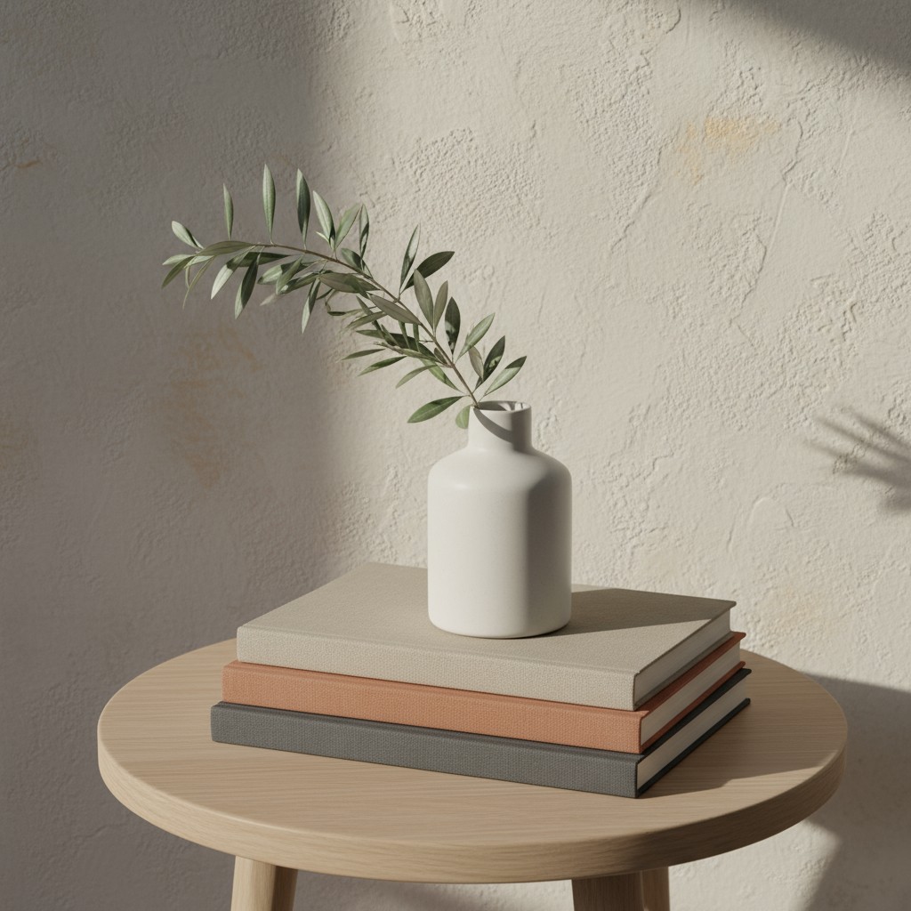 alt="sunny room with small selection of decor; white vase and neutral-coloured books on table close to cream textured wall"